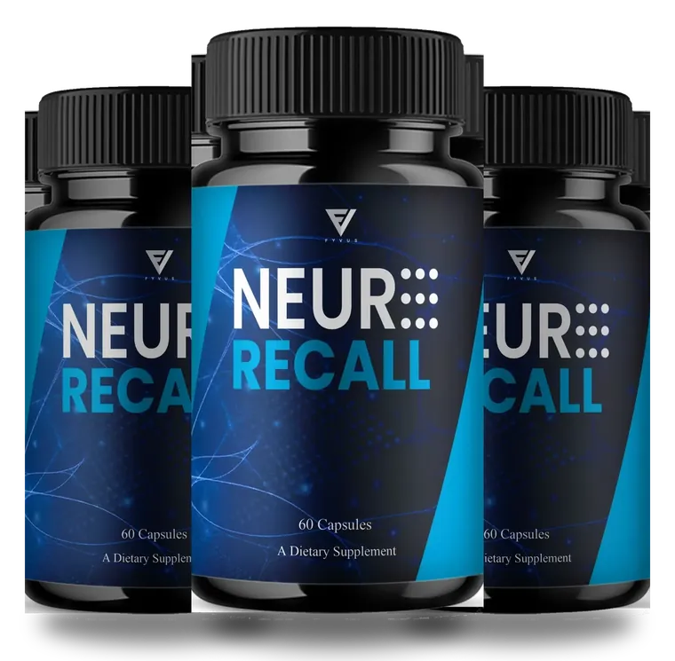 3 dark navy Neuro Recall bottle(s) with blue labels, 60 capsules each