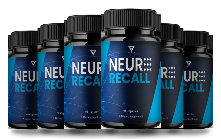 6 dark navy Neuro Recall bottle(s) with blue labels, 60 capsules each