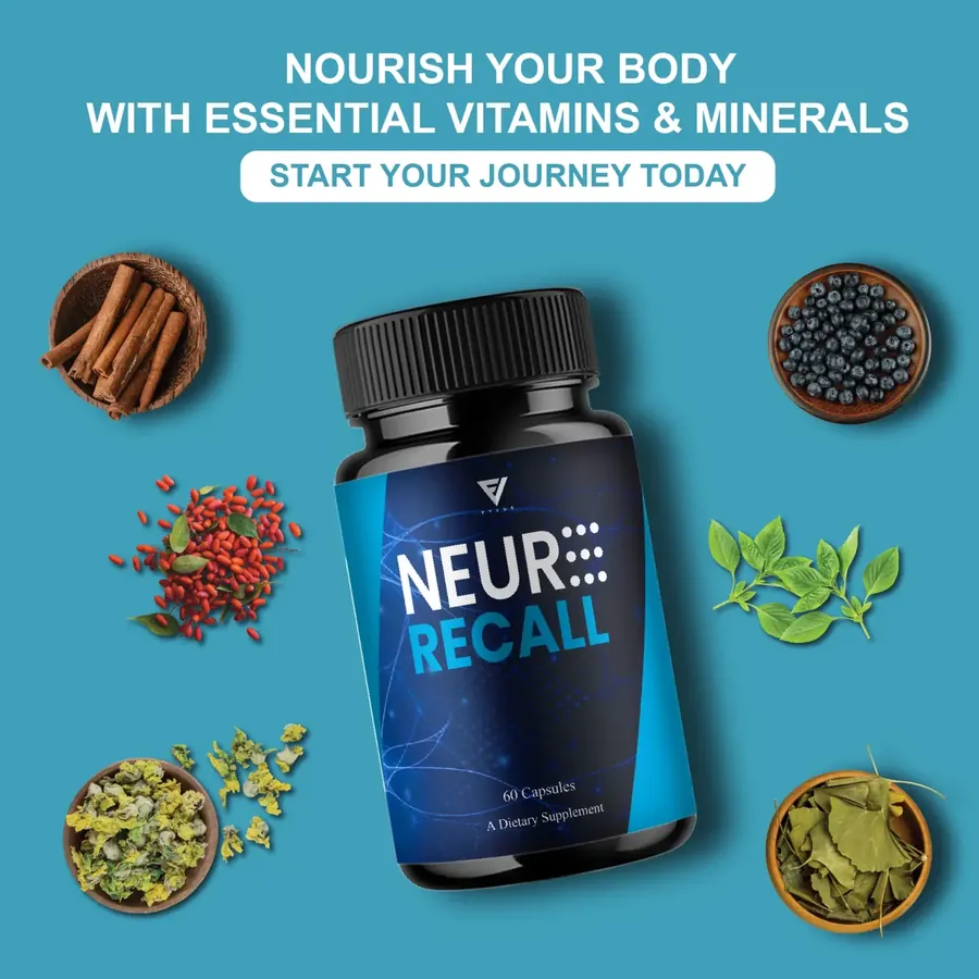 A navy Neuro Recall bottle on a teal background surrounded by bowls of cinnamon sticks, blueberries, red berries, green leaves, dried flowers and ginkgo leaves